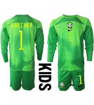Brasil Alisson Becker #1 Keeper Bortedraktsett Barn VM 2022 Langermet (+ Korte bukser)